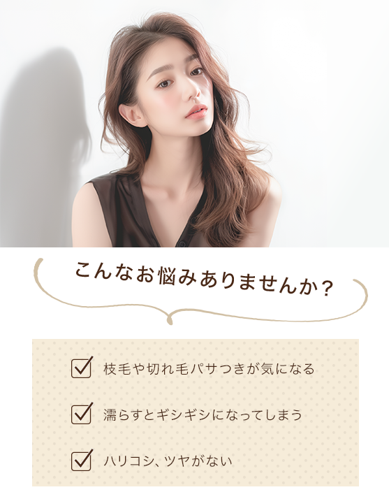 こんなお悩みありませんか?・枝毛や切れ毛パサつきが気になる・濡らすとギシギシになってしまう・ハリコシ、ツヤがない